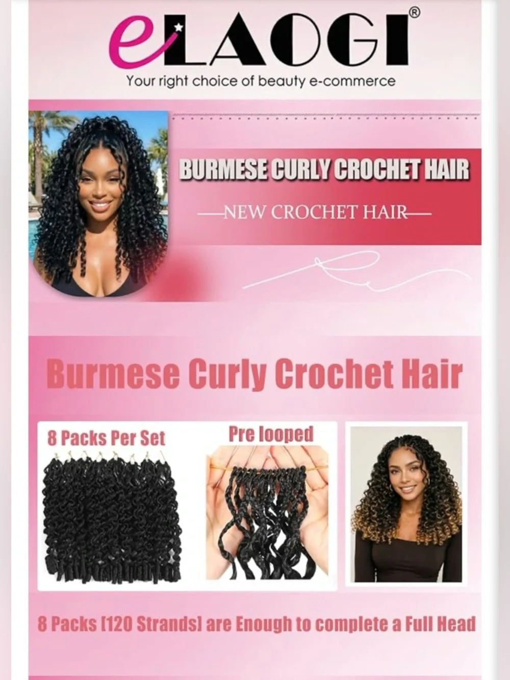 Burmese Curl with Spiral Crochet Hair Curl Ends Soft Protein Fiber- FULL HEAD